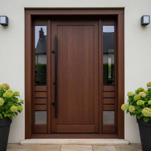 Porte d'entrée en bois massif sur mesure avec imposte vitrée, fabriquée pour une maison à Nantes.