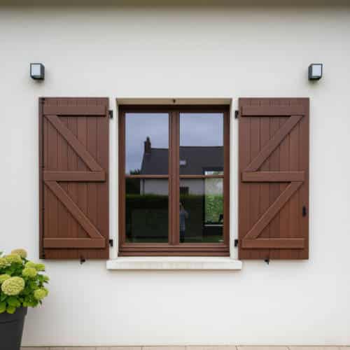 Fenêtre en bois sur mesure avec volets battants posée sur une façade de maison à Nantes.