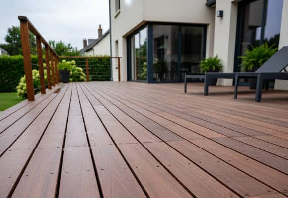 Grande terrasse en bois exotique sur pilotis avec garde-corps, construite à Nantes.